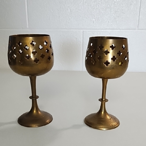 Vintage Brass Gothic-Inspired Candle Holders with Intricate Cut-Outs - Picture 10 of 10